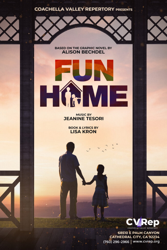 This is a poster for the stage musical Fun Home. It shows silhouettes of a father and a young daughter holding hands.